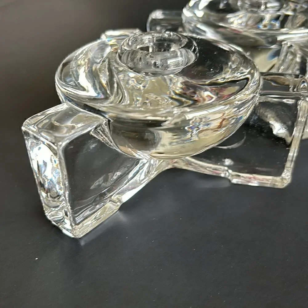 Vintage Heavy Clear Glass 3 Footed Round Candle Holders Set of 2 Art Deco Style